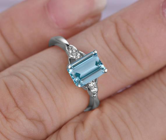 1.50 Carat Emerald Cut Aquamarine and Diamond Engagement Ring in White Gold