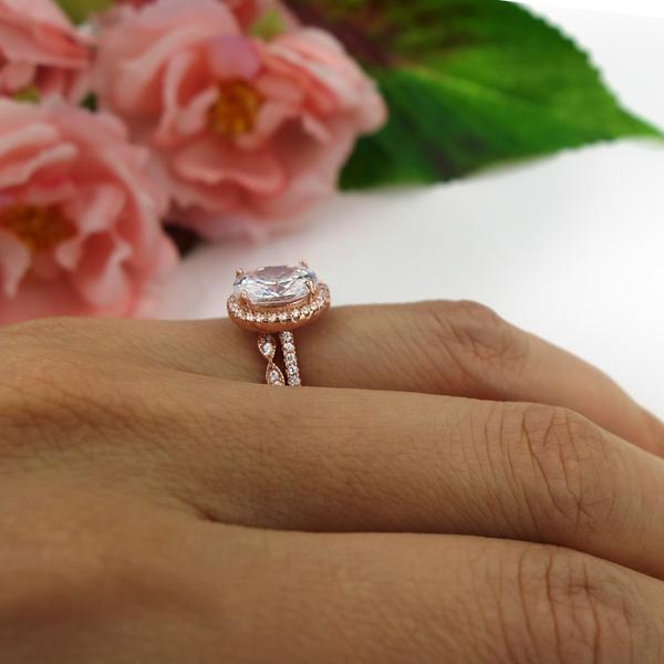 2.25 Carat Oval Cut Halo Art Deco Bridal Ring Set in Rose Gold over Sterling Silver