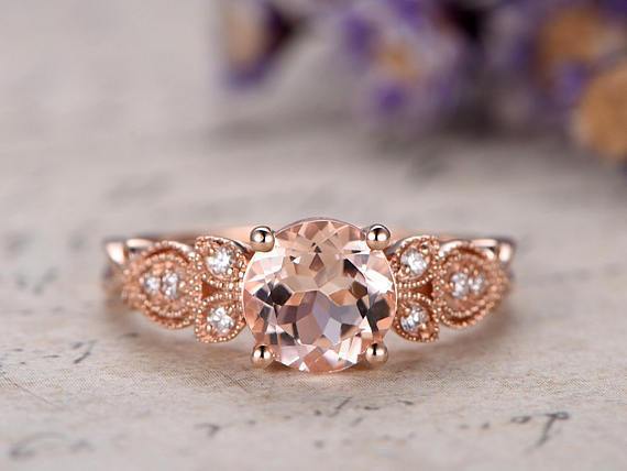 Antique Round Cut Morganite and Diamond 1.25 Carat Engagement Ring in Rose Gold