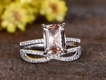 2 Carat Emerald Cut Infinity Design Morganite and Diamond Wedding Ring Set in White Gold