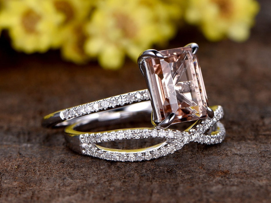 2 Carat Emerald Cut Infinity Design Morganite and Diamond Wedding Ring Set in White Gold