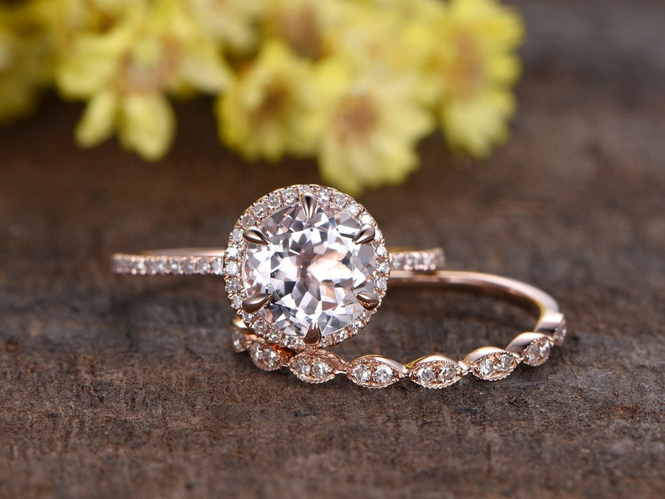 2 Carat Round Cut Morganite and Diamond Antique Art Deco Wedding Ring Set in Rose Gold
