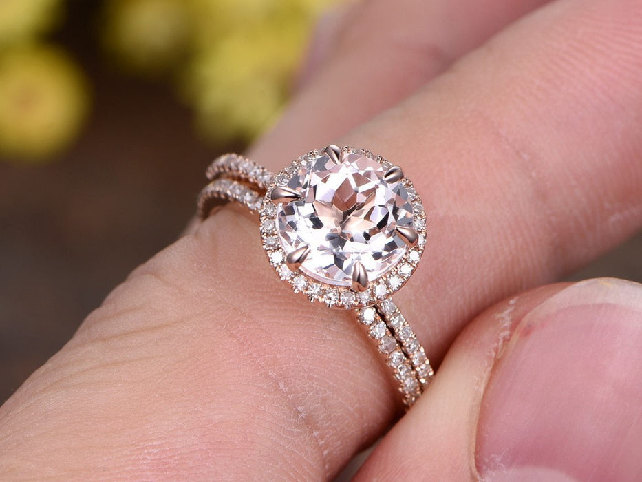 2 Carat Round Cut Morganite and Diamond Halo Wedding Ring Set in Rose Gold