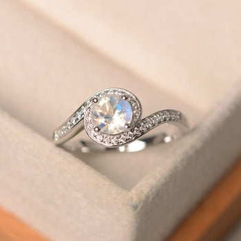 Channel Setting 1.50 Carat Round Cut Blue Moonstone and Diamond Twisted Engagement Ring in White Gold