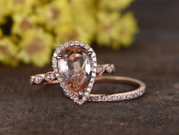 2.25 Carat Pear Cut Morganite and Diamond Halo Art Deco Wedding Ring Set in Rose Gold