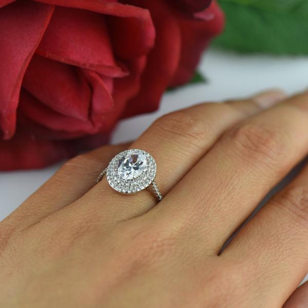 2 Carat Oval Double Halo Engagement Ring in White Gold over Sterling Silver
