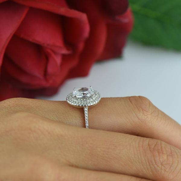 2 Carat Oval Double Halo Engagement Ring in White Gold over Sterling Silver