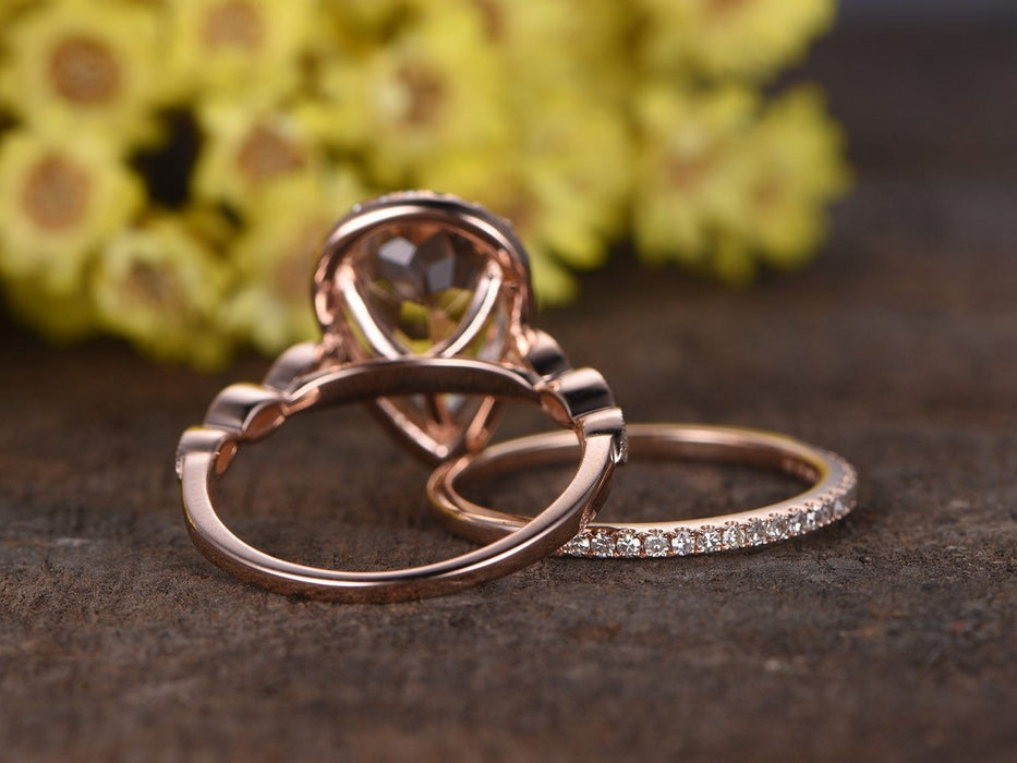 2.25 Carat Pear Cut Morganite and Diamond Halo Art Deco Wedding Ring Set in Rose Gold