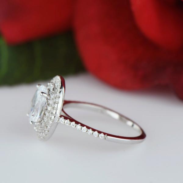 2 Carat Oval Double Halo Engagement Ring in White Gold over Sterling Silver