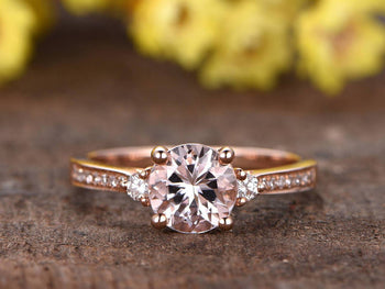 1.25 Carat Three Stone Round Cut Morganite and Diamond Trilogy Engagement Ring in Rose Gold