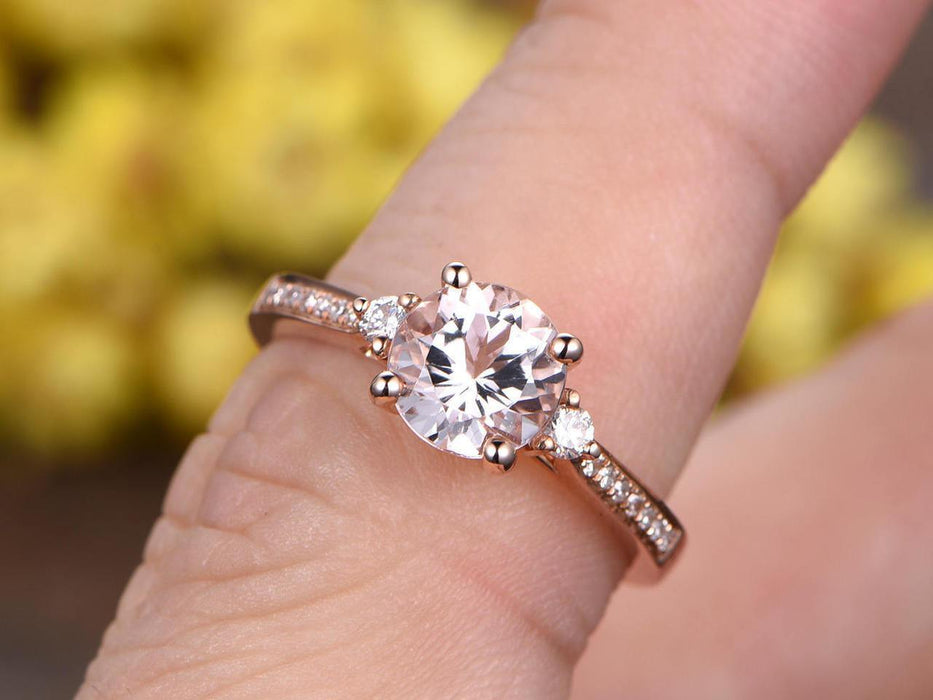 1.25 Carat Three Stone Round Cut Morganite and Diamond Trilogy Engagement Ring in Rose Gold
