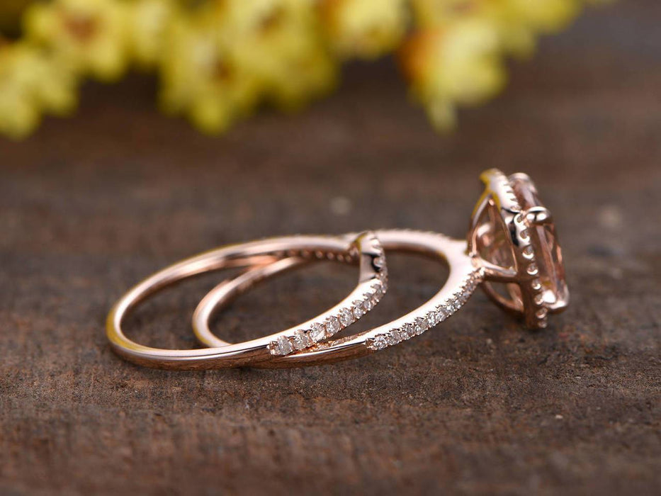 Perfect 2 Carat Cushion Cut Morganite and Diamond Halo Bridal Ring Set in Rose Gold