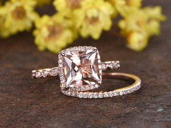 Art Deco 2 Carat Princess Cut Morganite and Diamond Halo Engagement Bridal Set in Rose Gold