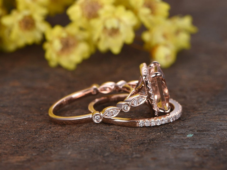 Art Deco 2 Carat Princess Cut Morganite and Diamond Halo Engagement Bridal Set in Rose Gold
