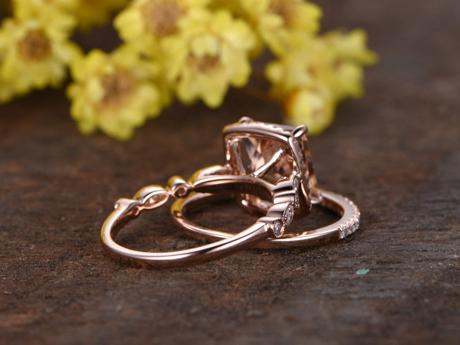 Art Deco 2 Carat Princess Cut Morganite and Diamond Halo Engagement Bridal Set in Rose Gold