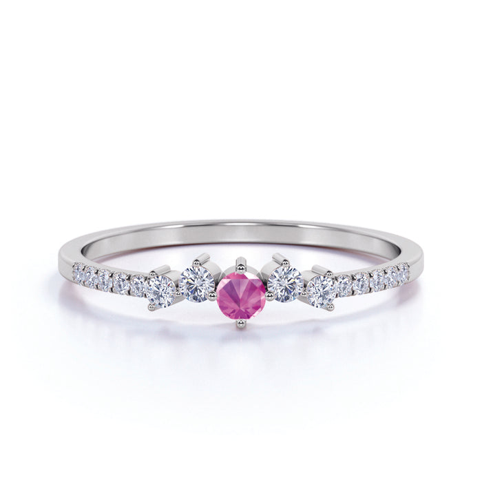 Stunning Pink Sapphire and White Diamonds Stacking Wedding Ring Band in White Gold