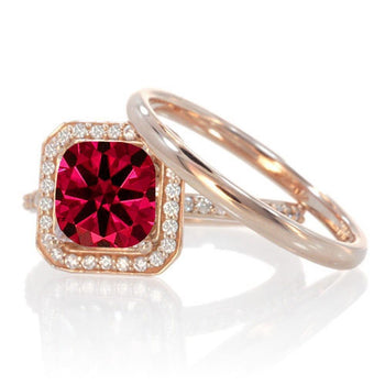 1.5 Carat Bestselling Princess Halo Bridal Set with Ruby and Diamond on 9k Rose Gold