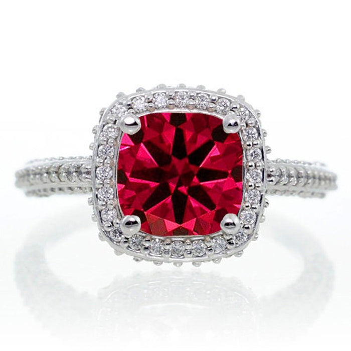 1.5 Carat Cushion Cut Designer Ruby and Diamond Halo Engagement Ring