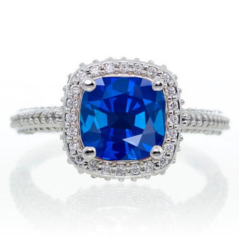 1.50 Carat Cushion Cut Designer Sapphire and Diamond Halo Engagement Ring