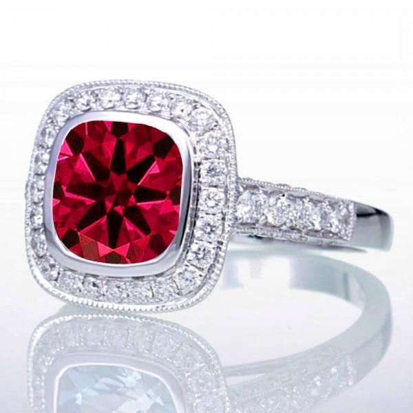 1.5 Carat Cushion Cut Ruby and Diamond Halo Vintage Engagement Ring