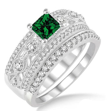 1.5 Carat Emerald & Diamond Antique Bridal Set Engagement Ring on White Gold