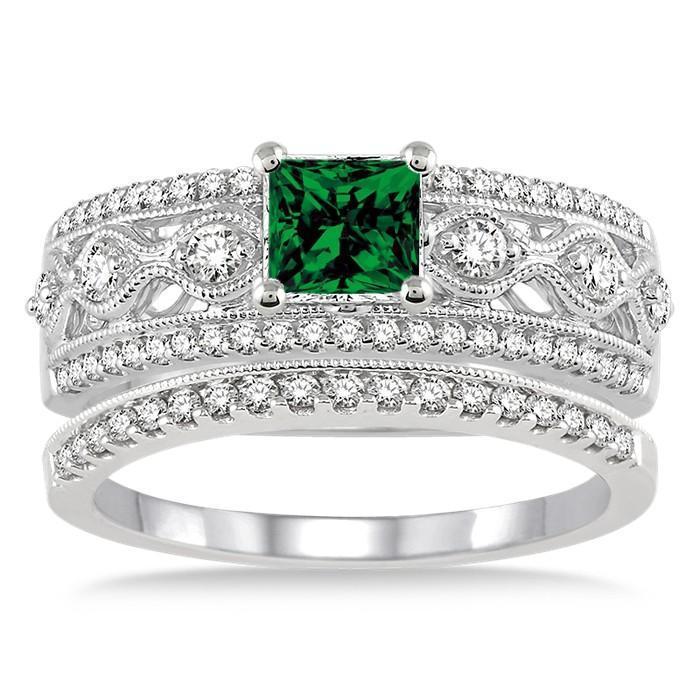 1.5 Carat Emerald & Diamond Antique Bridal Set Engagement Ring on 9k White Gold