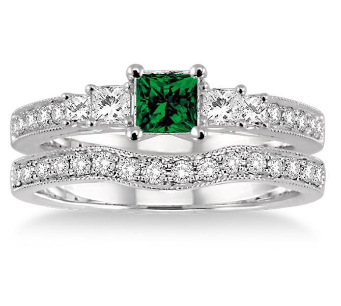 1.5 Carat Emerald & Diamond Antique Bridal set Halo Ring on 9k White Gold