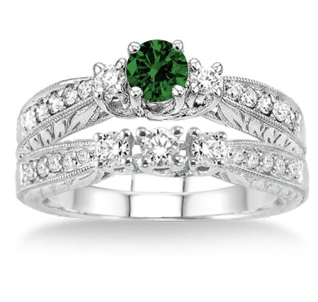 1.5 Carat Emerald & Diamond Antique Bridal set on White Gold