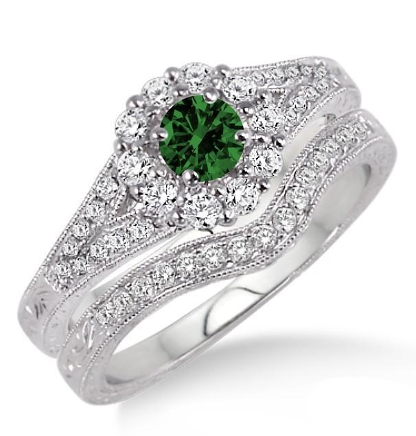 1.5 Carat Emerald & Diamond Antique Floral Bridal set on White Gold