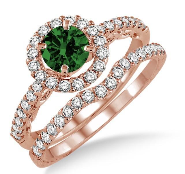 1.5 Carat Emerald & Diamond Antique Floral Halo Bridal set on 9k Rose Gold