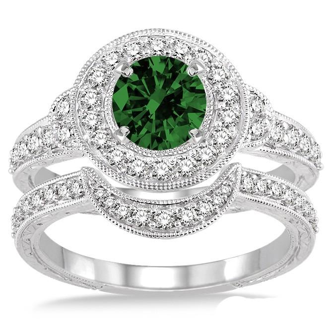 1.5 Carat Emerald & Diamond Antique Halo Bridal Set Engagement Ring on White Gold