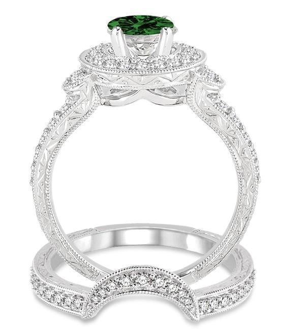 1.5 Carat Emerald & Diamond Antique Halo Bridal Set Engagement Ring on 9k White Gold