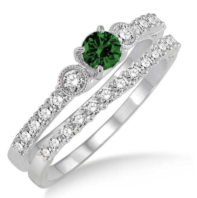 1.5 Carat Emerald & Diamond Antique Three Stone Bridal Set on White Gold