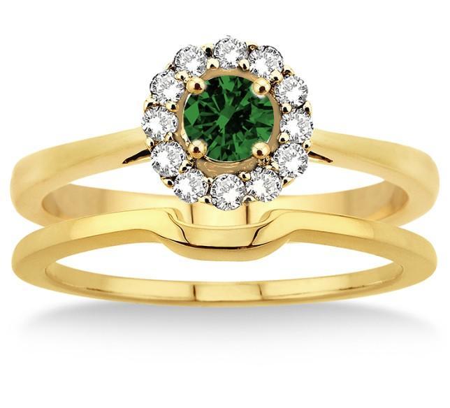 1.25 Carat Emerald & Diamond Bridal set Halo on Yellow Gold