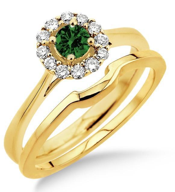 1.25 Carat Emerald & Diamond Bridal set Halo on 9k Yellow Gold