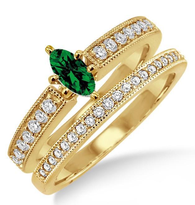 1.5 Carat Emerald & Diamond Bridal Set on 9k Yellow Gold