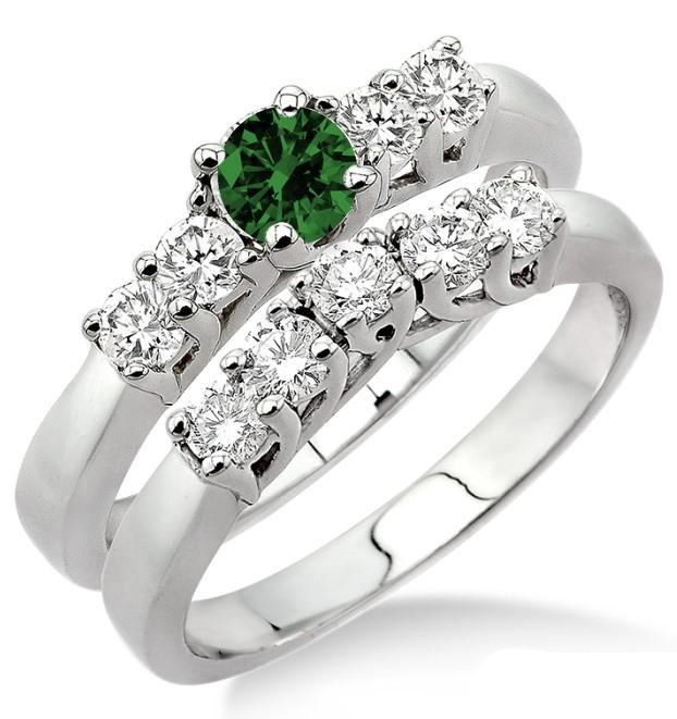 1.5 Carat Emerald & Diamond Five Stone Bridal Set on White Gold
