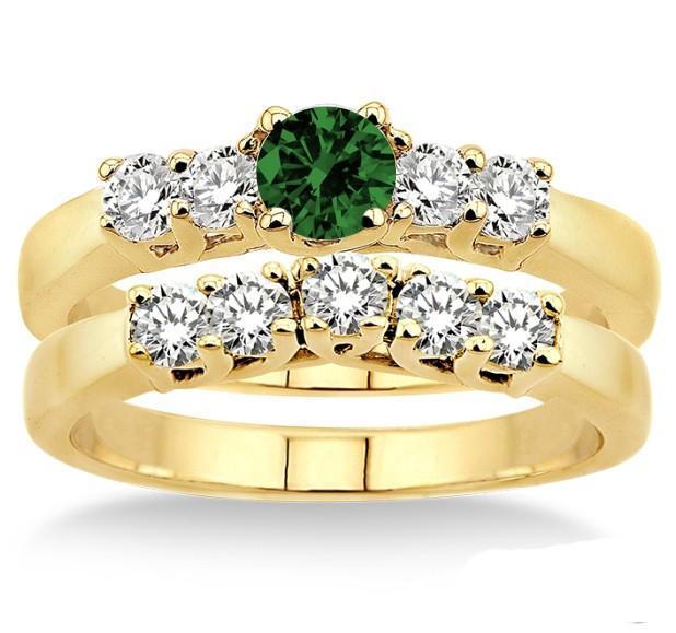 1.5 Carat Emerald & Diamond Five Stone Bridal Set on Yellow Gold