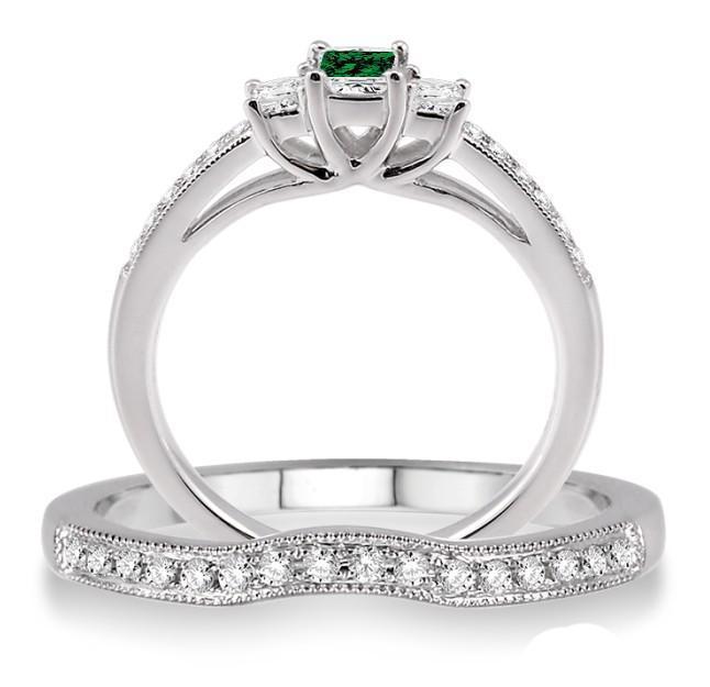 1.5 Carat Emerald & Diamond Three Stone Bridal Set on 9k White Gold