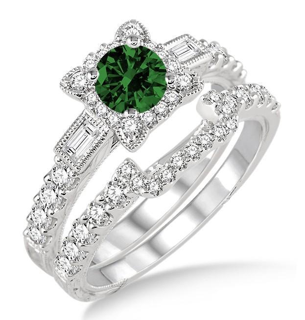 1.5 Carat Emerald & Diamond Vintage floral Bridal Set Engagement Ring on 9k White Gold