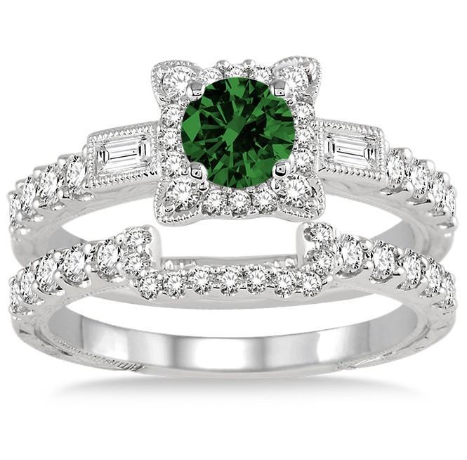 1.5 Carat Emerald & Diamond Vintage floral Bridal Set Engagement Ring on White Gold