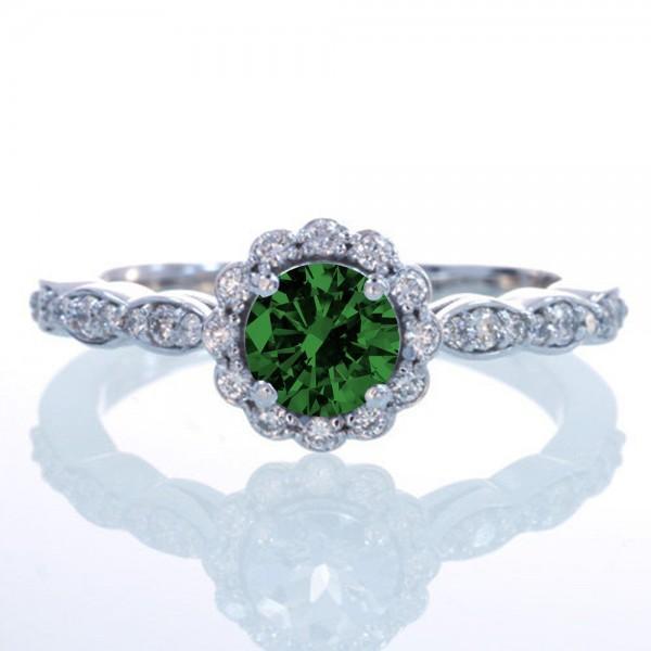 1.5 Carat Round Cut Emerald and Diamond Flower Vintage Designer Engagement Ring