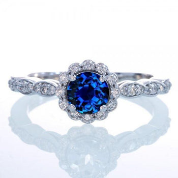 1.50 Carat Round Cut Sapphire and Diamond Flower Vintage Designer Engagement Ring