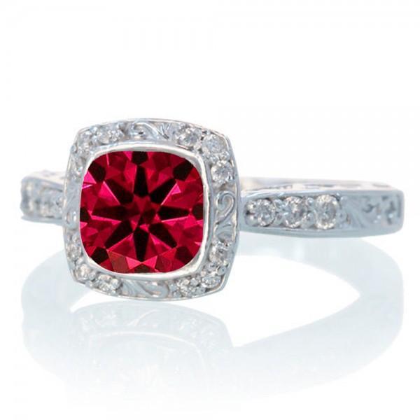 1.5 Carat Round Vintage Ruby and Diamond Halo Wedding Ring