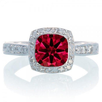 1.5 Carat Round Vintage Ruby and Diamond Halo Wedding Ring