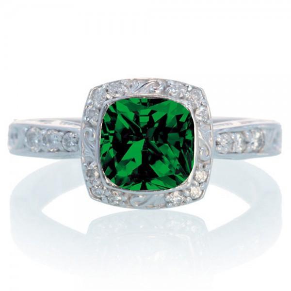 1.5 Carat Round Vintage Emerald and Diamond Halo Wedding Ring