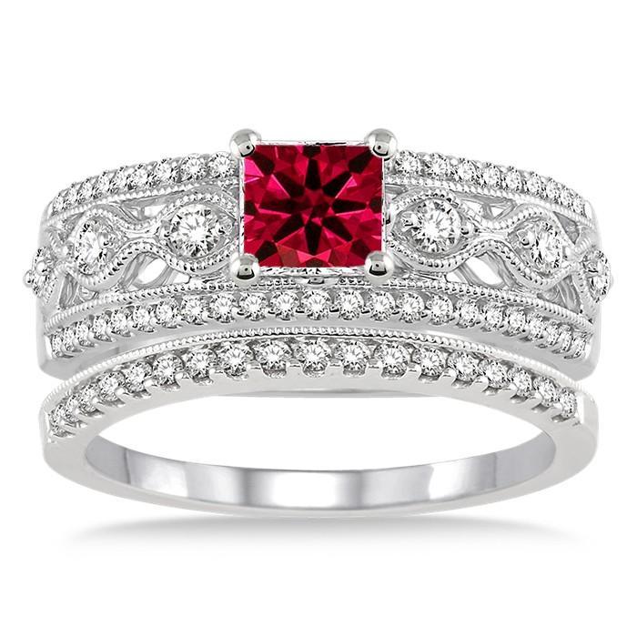 2 Carat Ruby & Diamond Antique Bridal Set Engagement Ring on White Gold