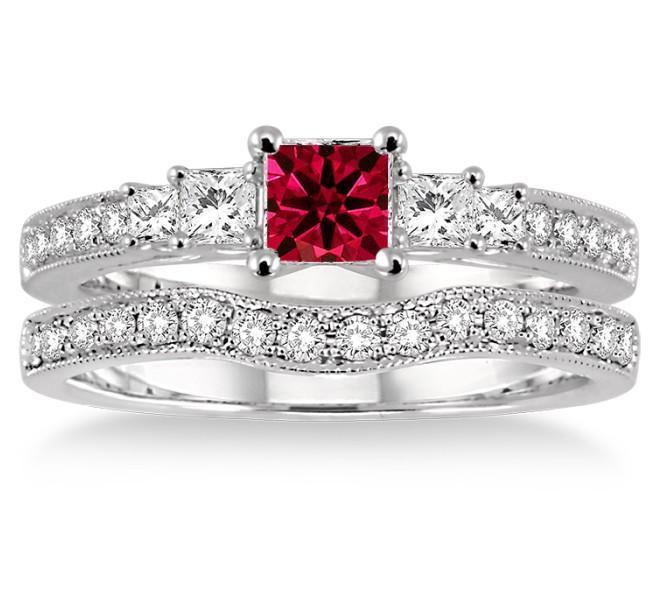 1.5 Carat Ruby & Diamond Antique Bridal set Halo Ring on 9k White Gold