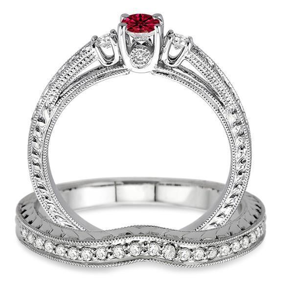 1.5 Carat Ruby & Diamond Antique Bridal set on 9k White Gold