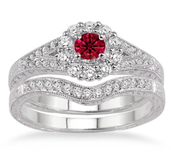 1.5 Carat Ruby & Diamond Antique Floral Bridal set on 9k White Gold